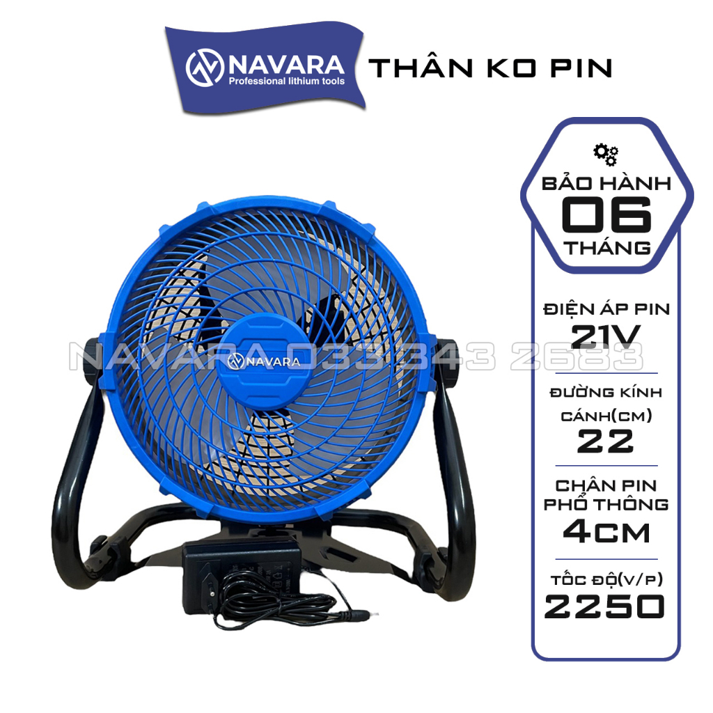 Quạt tích điện pin Navara 9002, Đường kính cánh quạt 22cm Chân pin phổ thông 4cm