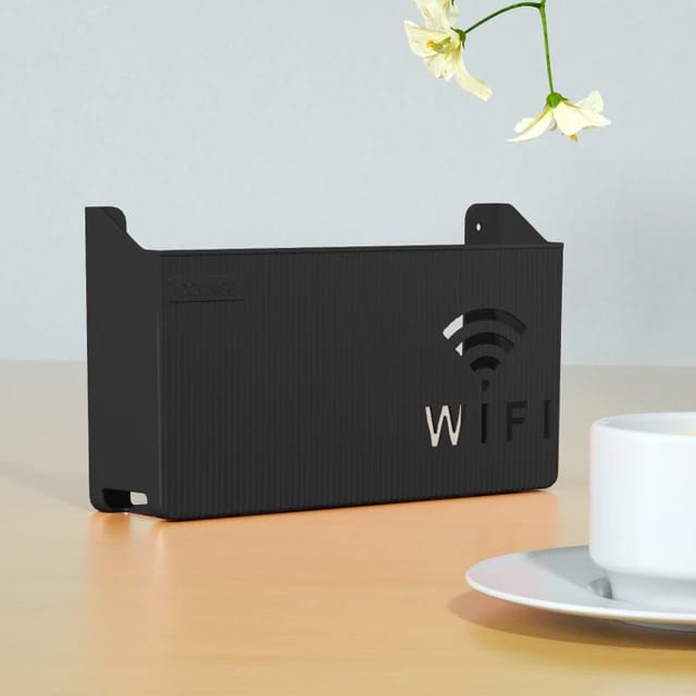 (Black) Wall-Mounted Router Box - WiFi Storage Shelf for Office, Home, Media Decor Console - Wireless Rack Bracket for Router, Modem, TV Box & Electronics Organizer. 