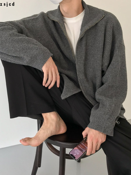 xsjcd Cardigan sweater jacket men's autumn and winter Hong Kong style solid color sweater trendy design casual stand-up540_voghion.com