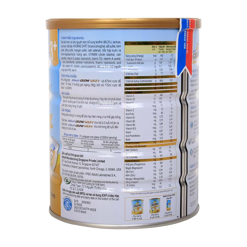 Sữa bột Abbott Grow Gold 3+ lon 900g