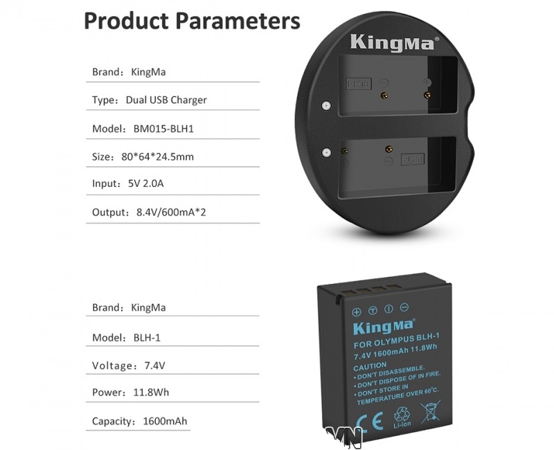 Bộ 2 pin 1 sạc đôi máy ảnh Kingma cho Olympus BLH-1