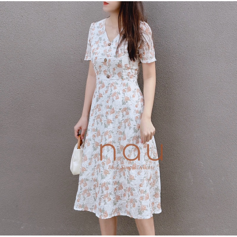 Đầm hoa nâu phối chỉ thêu dáng midi