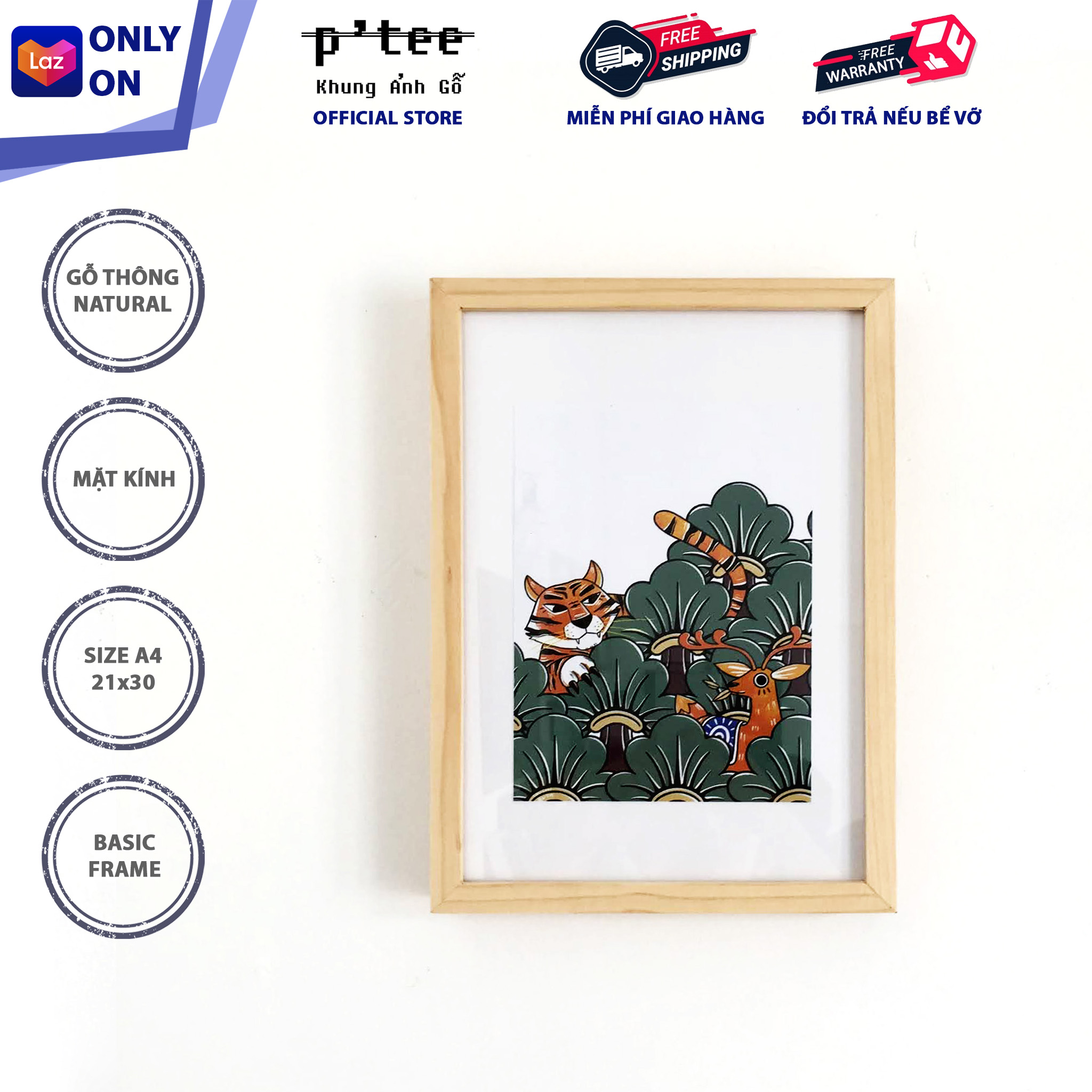 Photo Frame Wood Basic 21x30 A4 - Picture Frame Pinewood and Glass Wall Decoration - Wood Frame by P'Tee