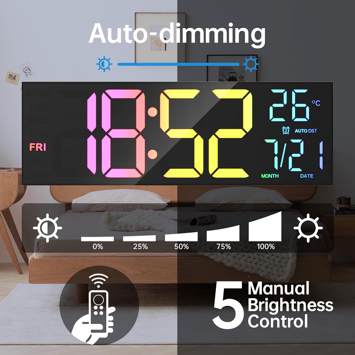 Digital Wall Clock, Large Screen 16.2 Inch Digital Wall Clock with RGB Color Changing Remote Control, Auto Brightness LED Clock Option - 1 Color.