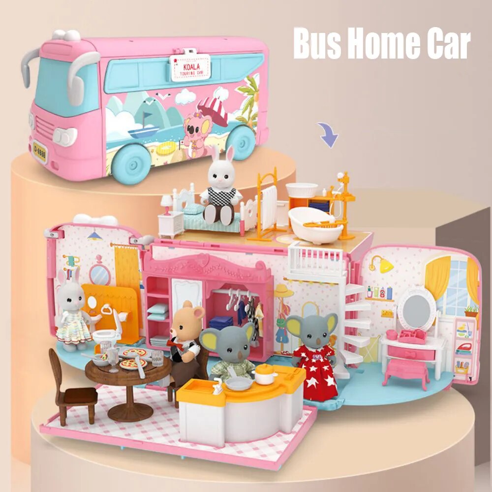 1 12 Scale Mitcien Bus Dollhouse Playset DIY Caravan Camper Car Toy Bunny