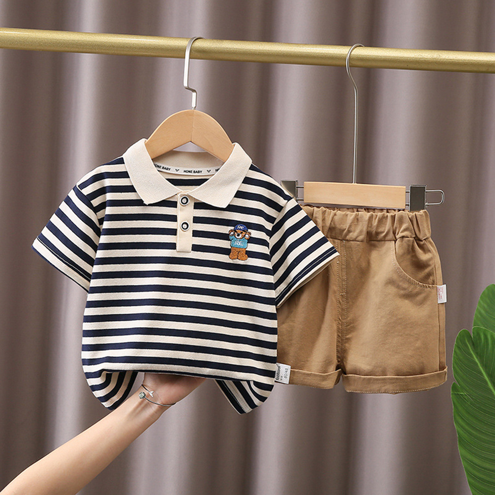 Bear Leader Baby Boys Casual Clothing Suits Summer Strips Polo T-shirts and Solid Color Short Pants 2pieces Suits Outfits Kids Clothes 1-5 Years