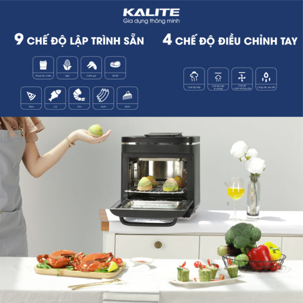 Nồi chiên hơi nước Kalite Steam X, công suất 1635W, dung tích 15L, công nghệ chiên hấp 3 trong 1, 9 chế độ lập trình sẵn, 4 chế độ điều chỉnh bằng tay, tiện lợi, bảo hành 24 tháng