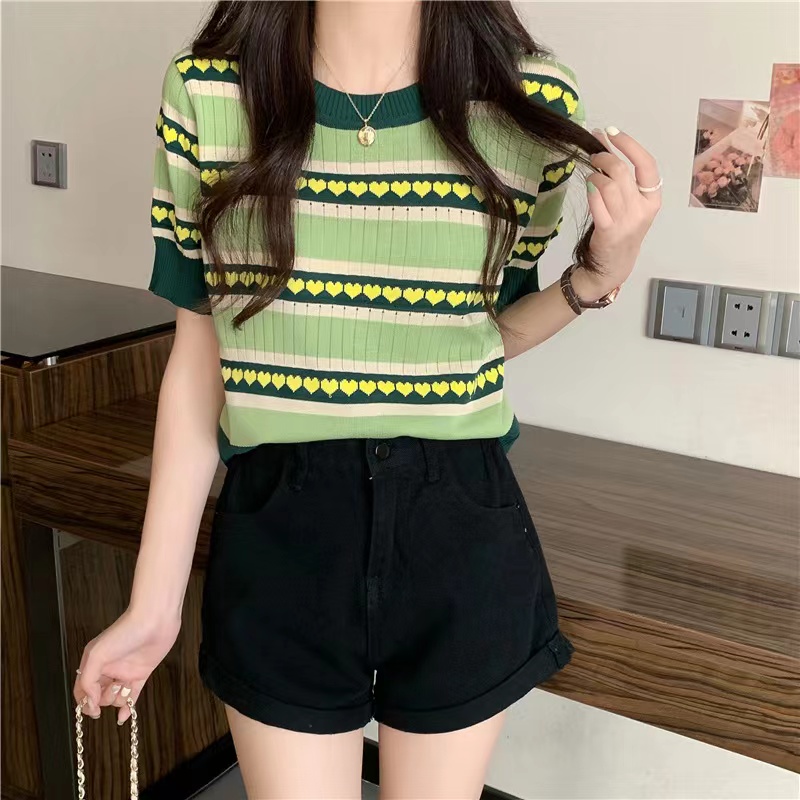 midsummer เสื้อยืดไหมพรมเกาหลี คอกลมแขนสั้น ลายหัวใจน่ารักมาก ผ้าร่อง ...