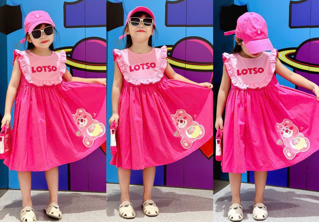 (9-40kg) Váy thô gấu dâu viền bèo 2 lớp cho bé gái diện đi học, đi chơi (Trải sàn là ảnh thật Nhà Min)