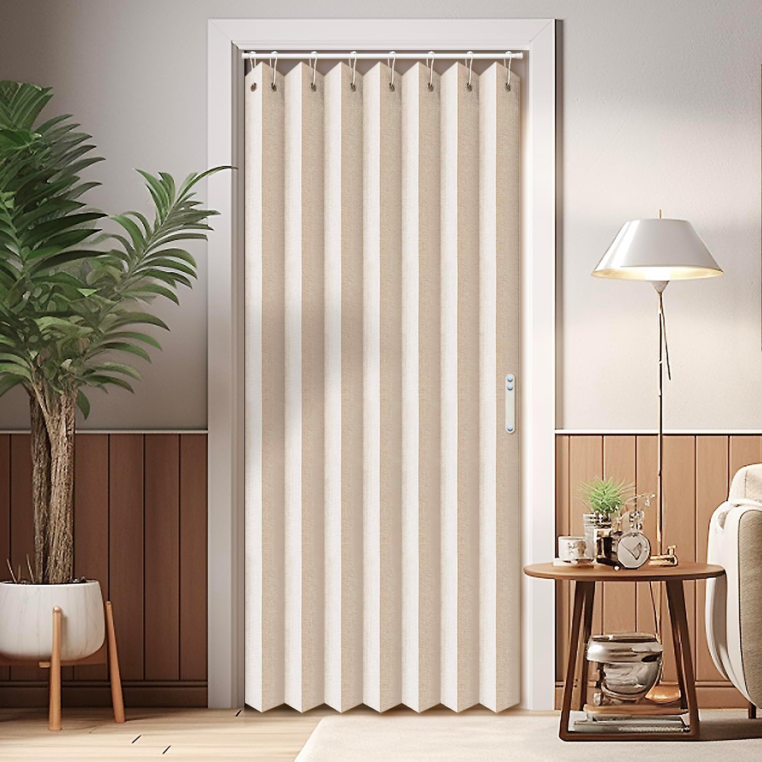 Closet Curtains, Accordion Style Door Curtains for Doorways, Pleated Folding Doors Curtain for Closet and Room Divider, 1 Panel, Beige