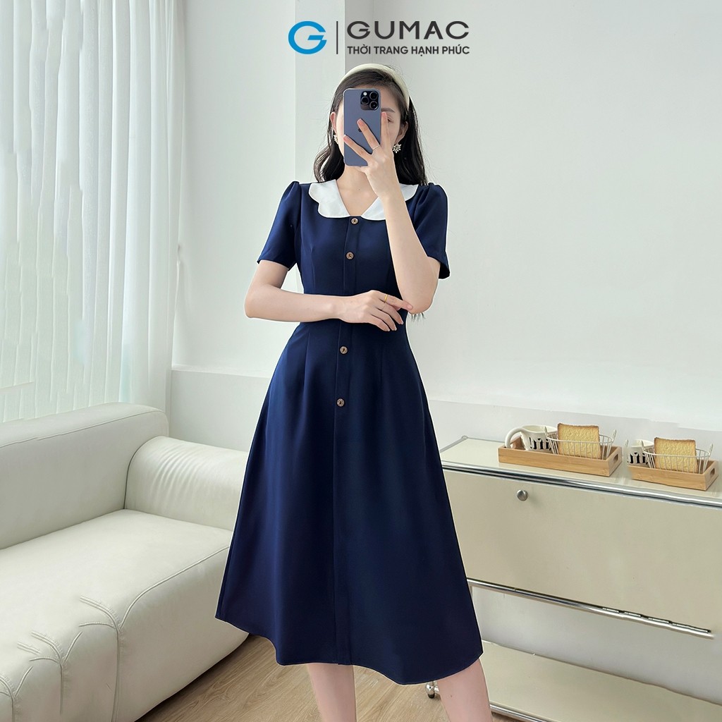 [MUA 2 GIẢM THÊM 50K] Đầm Dáng A Nữ GUMAC Váy Công Sở Phối Bâu Trắng Dáng Dài Qua Gối LDD1214