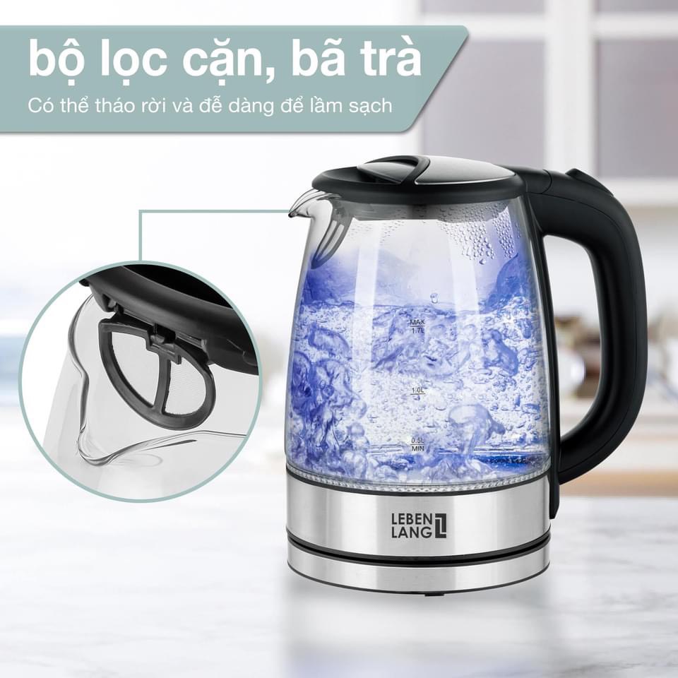 Ấm siêu tốc thủy tinh Lebenlang 1.7L