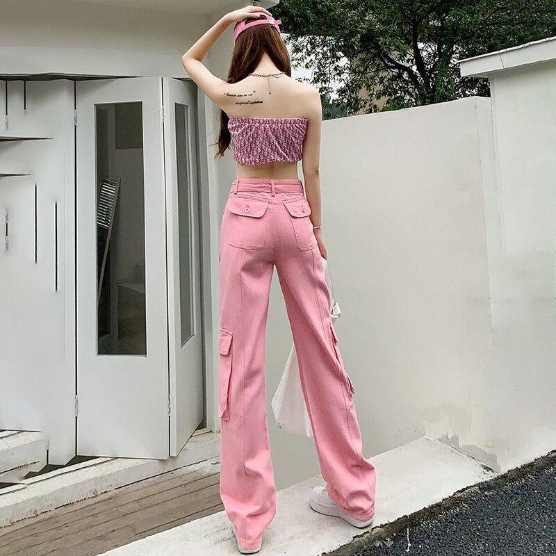 Women Cargo Pants Wide Leg Pockets Spring Autumn Fashion Casual Straight  Loose Jogger Pants Gothic Punk Streetwear Black Pink Brown