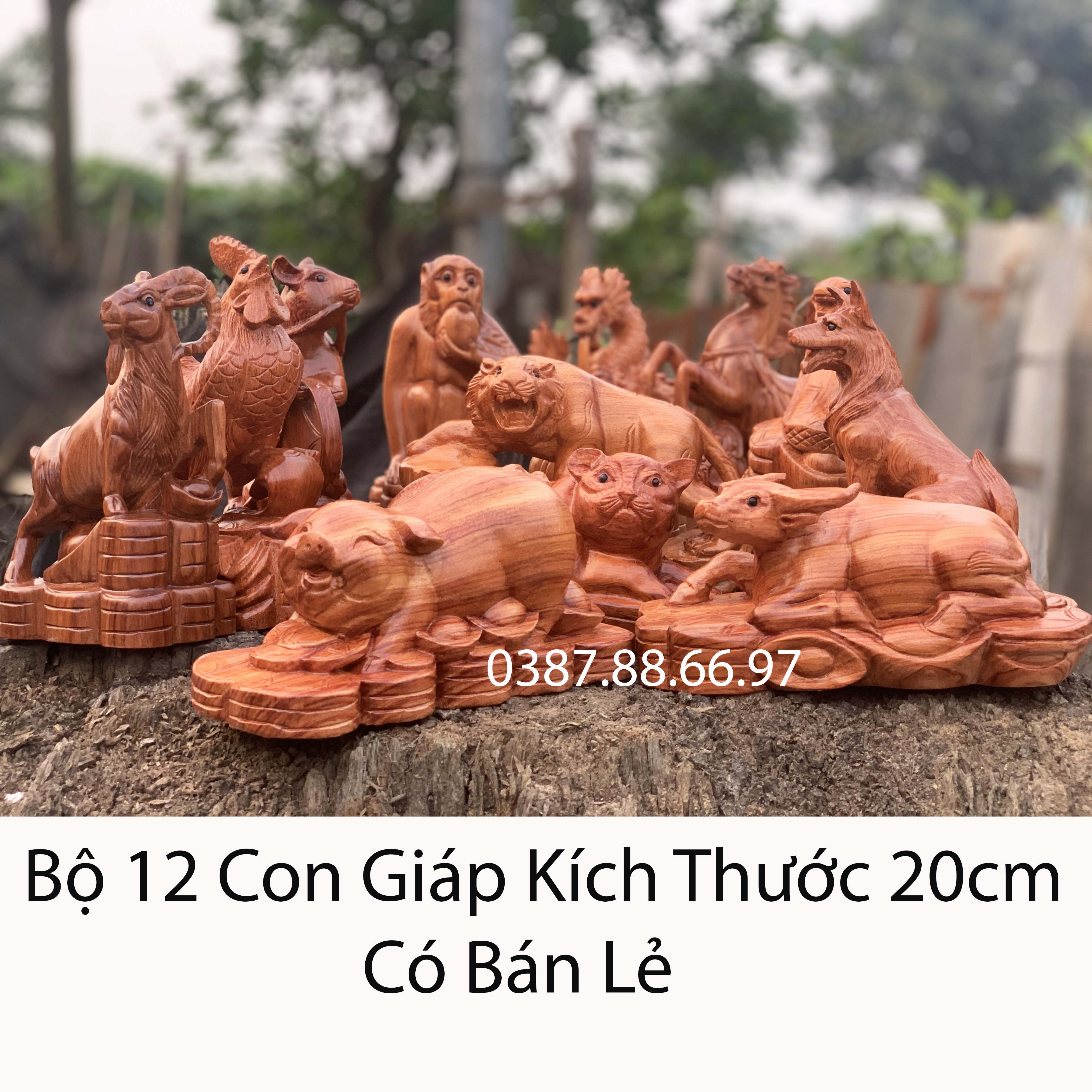 Bộ tượng 12 con giáp kích thước 15cm và 20cm chất liệu gỗ hương có bán lẻ trong shop