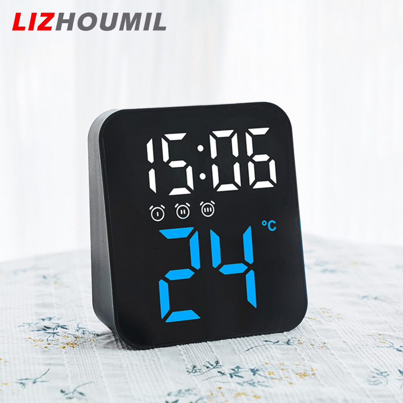 LIZHOUMIL Led Electronic Digital Alarm Clock With Temperature Time Date Display 2 Levels Adjustable Brightness Bedside Clock For Home Decor