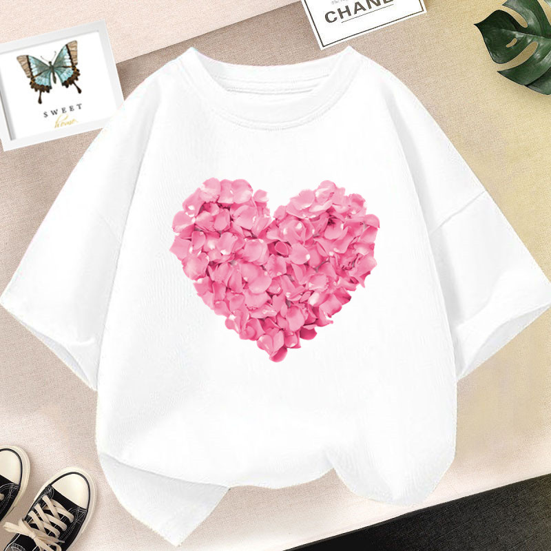 【No-Questions-Asked Refund】 Pink Heart Flower Print Girls Tshirt Casual Cute T-Shirt Gift Yong Girl Fashion Floral Kids Summer Clothes.