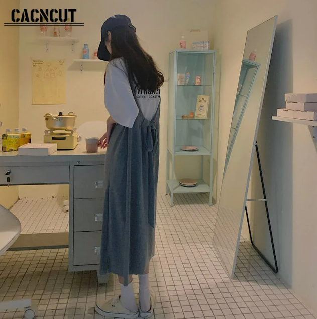 CACNCUT Women's 2 Pieces Set Korean Style Short Sleeve T-shirt+Midi Denim Jumpsuit Set