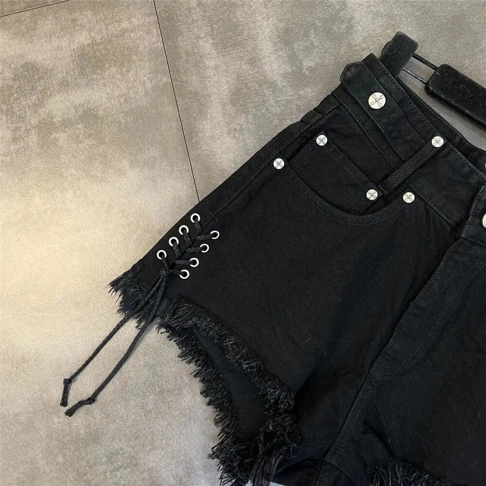 Sweet Cool Dark Gothic Hip Hop Streetwear Female Black Personality Summer Bandage Tassel Trend Jeans Raw Fringe Denim Shorts. 