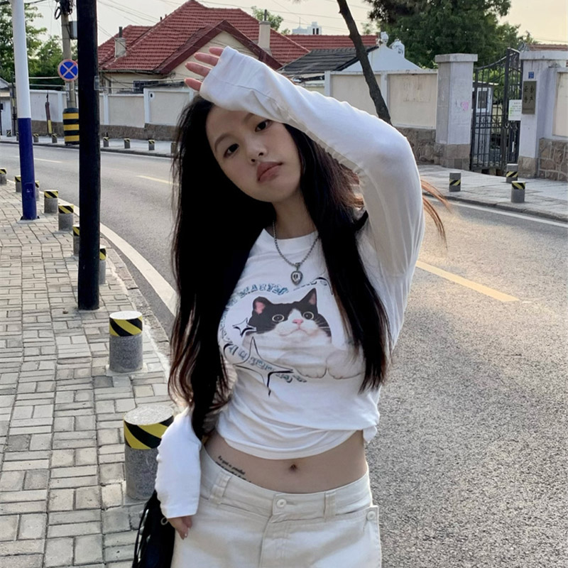 HengShanYuan 薄款印花长袖猫咪T恤女2022年夏季新款白色