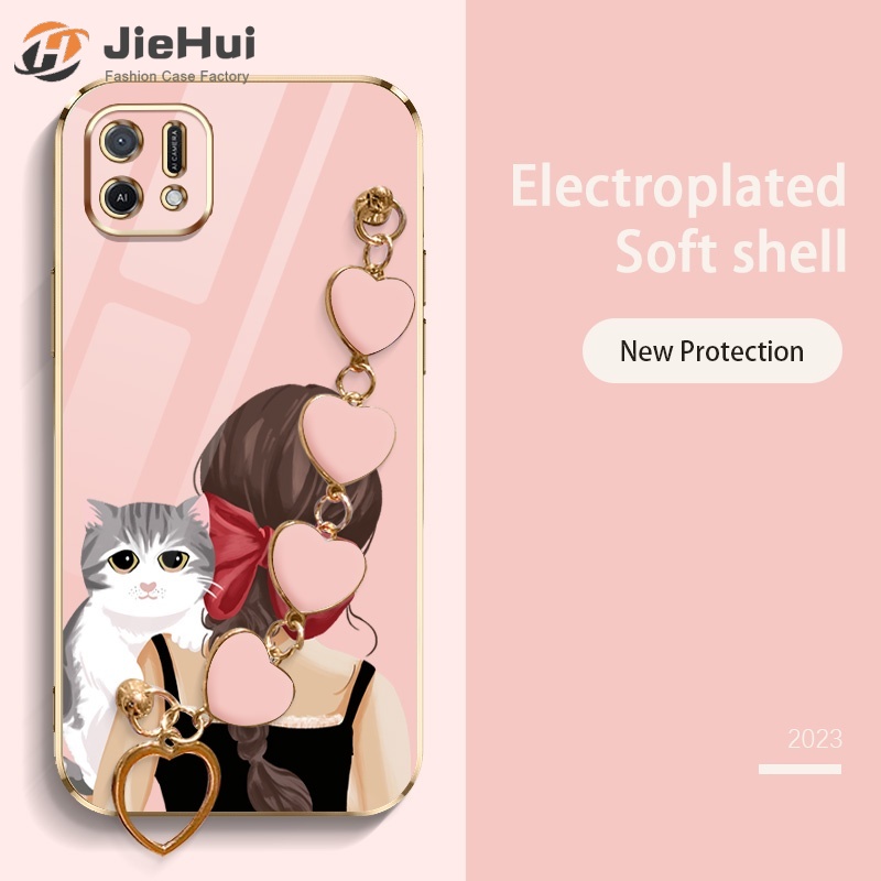 For oppo a16k a16e cute bow girl and cat pattern caring bracelet hanging rope no.31027 luxury phone case