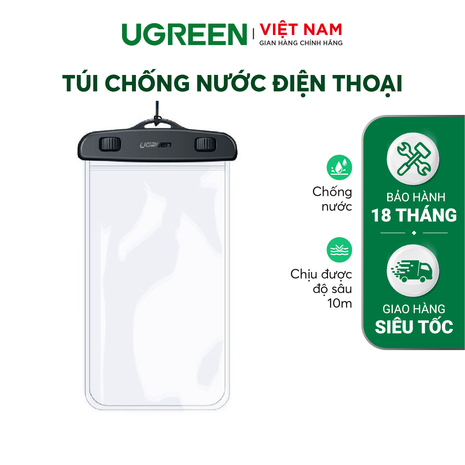 Túi đựng điện thoại chống nước UGREEN 60959 Chống nước cao IPX 8 - Dùng được cho độ sâu 10m, tương thích với màn hình 4 - 6.5inch - Hàng phân phối chính hãng