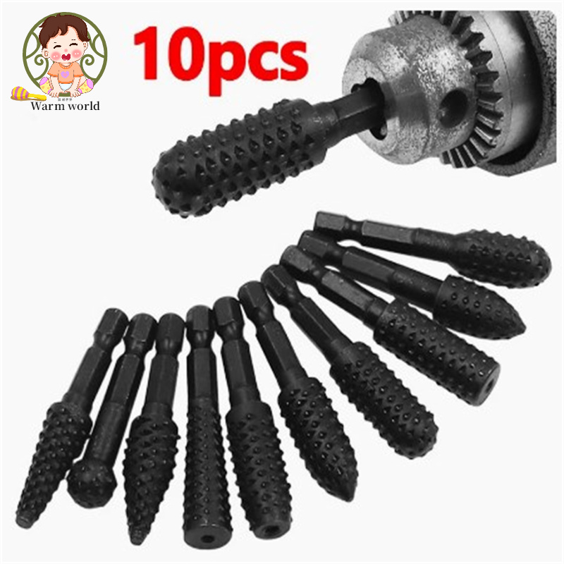 10pcs File Drill Bits Set With Spherical, Cylindrical Pointed Drill, Grinder Drill Rasp For Woodworking Carving Tool 1/4" Round Shank Rotary Burr Set