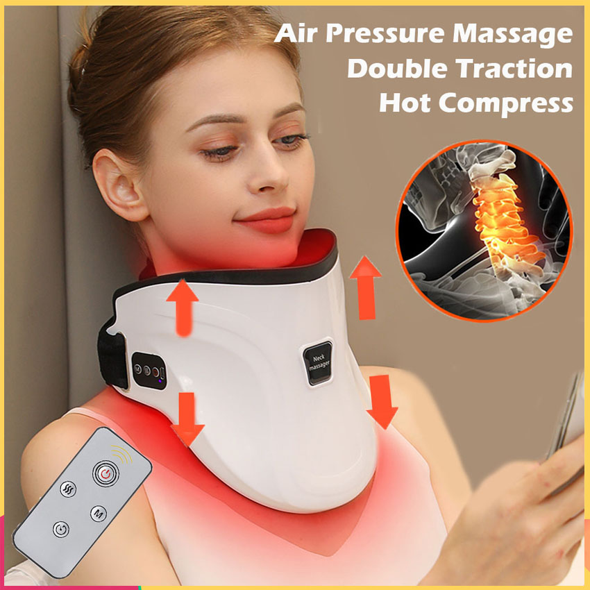 Electric Cervical Traction Device Household Neck Cervical Spine Massager Protector Hot Compress Vibrates Massage Support Anti-bowing Pain Relief Posture Corrector USB Charging