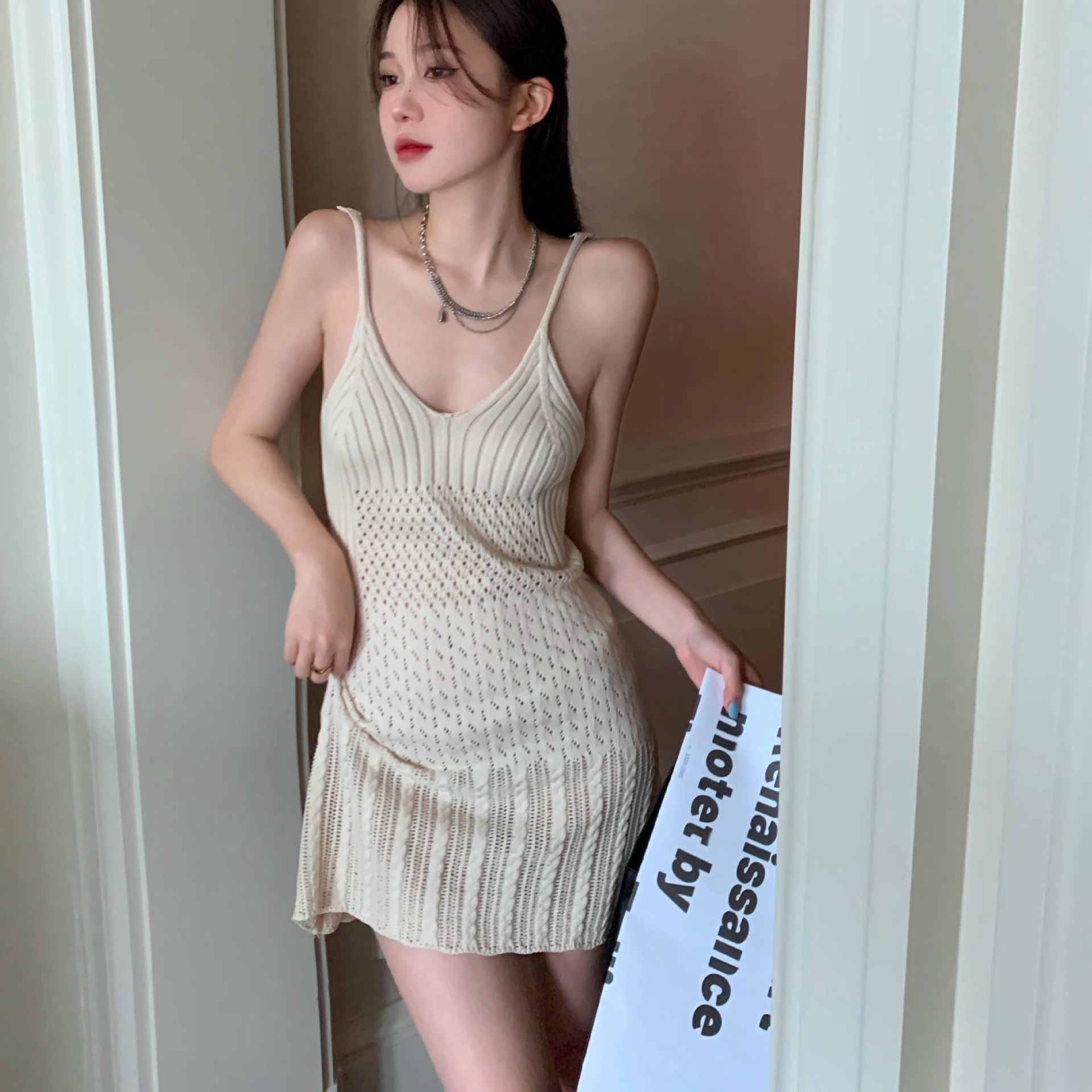 IELGY Knitted Sling Dress Women's Summer Spice Girl Dress Slim-fit Slim-fit Hip Short dress