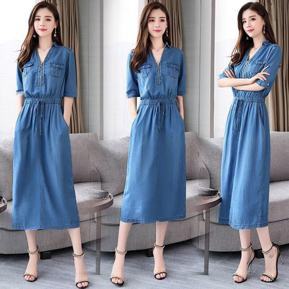 [HCM]ĐẦM JEAN CỔ SƠ MI 2 TÚI