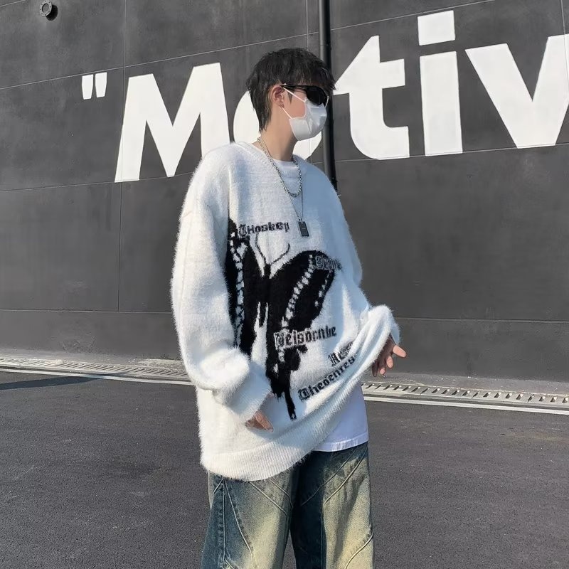 KYUSHUAD American vintage butterfly sweater men's sweater top imitation mink fur butterfly embroidered sweater
