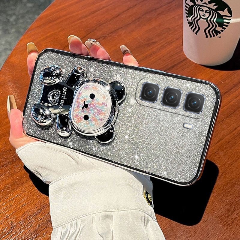 New Phone case infinix Hot60 Pro Back cover with Gradient 3D Bear Folding Stand Bracket Luxury Slim Plating Glitter Girls For infinix Hot 60 Pro + case. 
