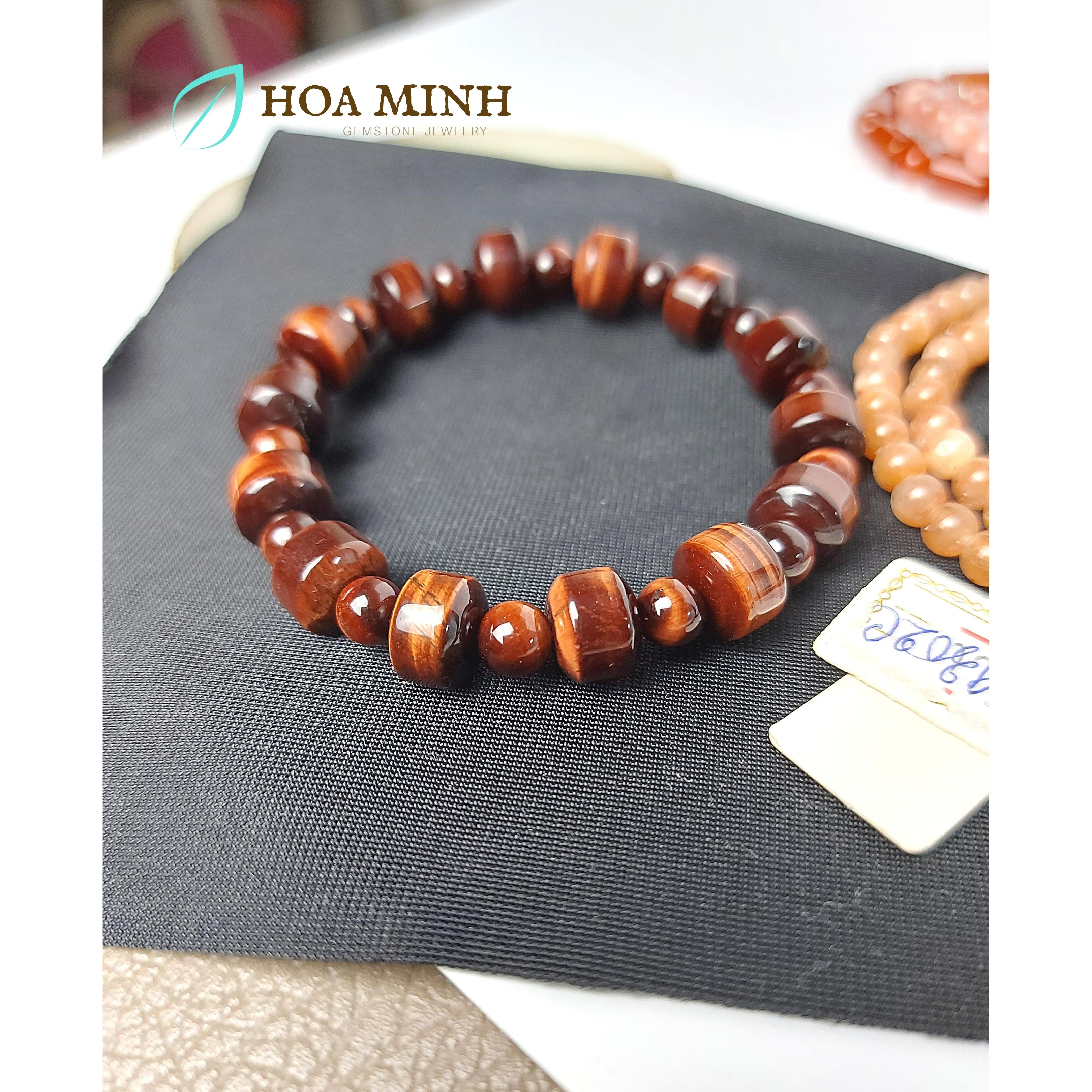 Vòng tay Mắt Hổ nâu đỏ hình khối trụ tròn 10 li, mix xen kẽ đá mắt hổ tròn Vượng Phát Lộc | Hoa Minh Gem
