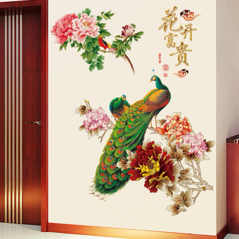 Decal dán tường chim công và hoa 01