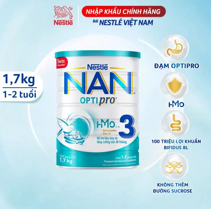 Sữa bột Nestle NAN OPTIPRO 3 HM-O 1.7Kg cho trẻ từ 1-2 tuổi Mẫu mới