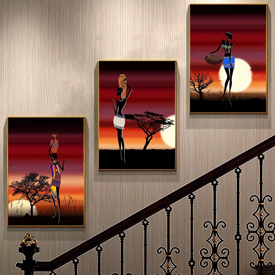 African Figure Art Sunset Wall Art Canvas printings Prints Wall Picture for Living Room Abstract Canvas Painting Home Cuadros Decor No Frame