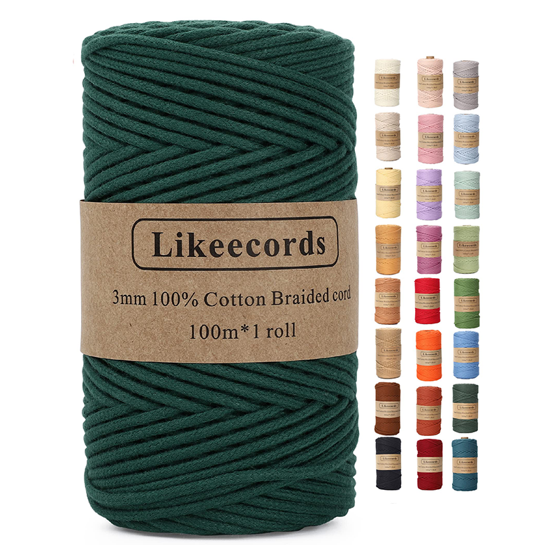 Likeecords Braided Macrame Cotton Cord 3mm x 100m,Macrame Rope