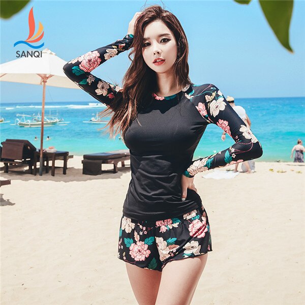 SANQI swimsuit female split flat pants small chest gathered