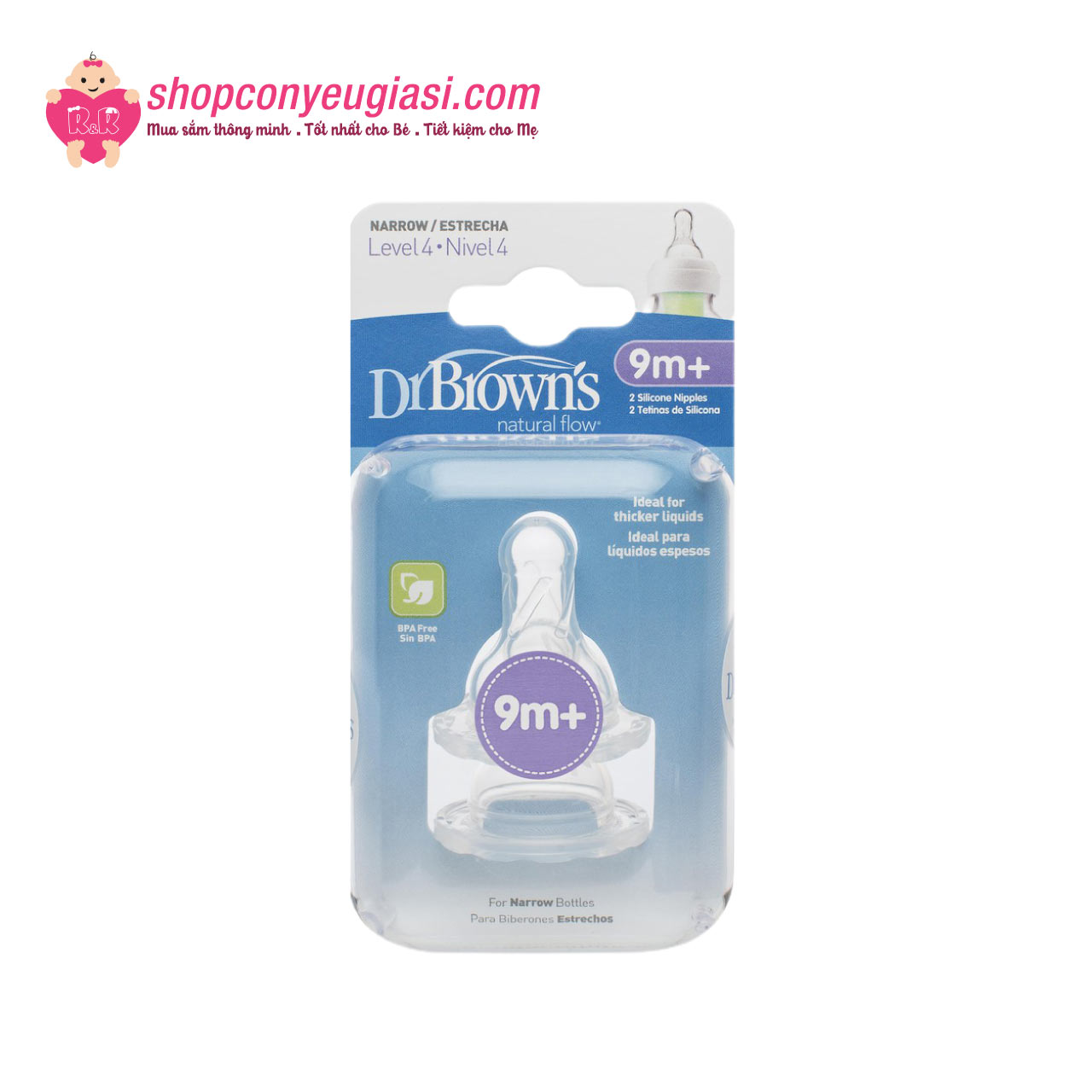 Hộp 2 núm ty Dr.Brown's cổ hẹp số 1, 2, 3, 4