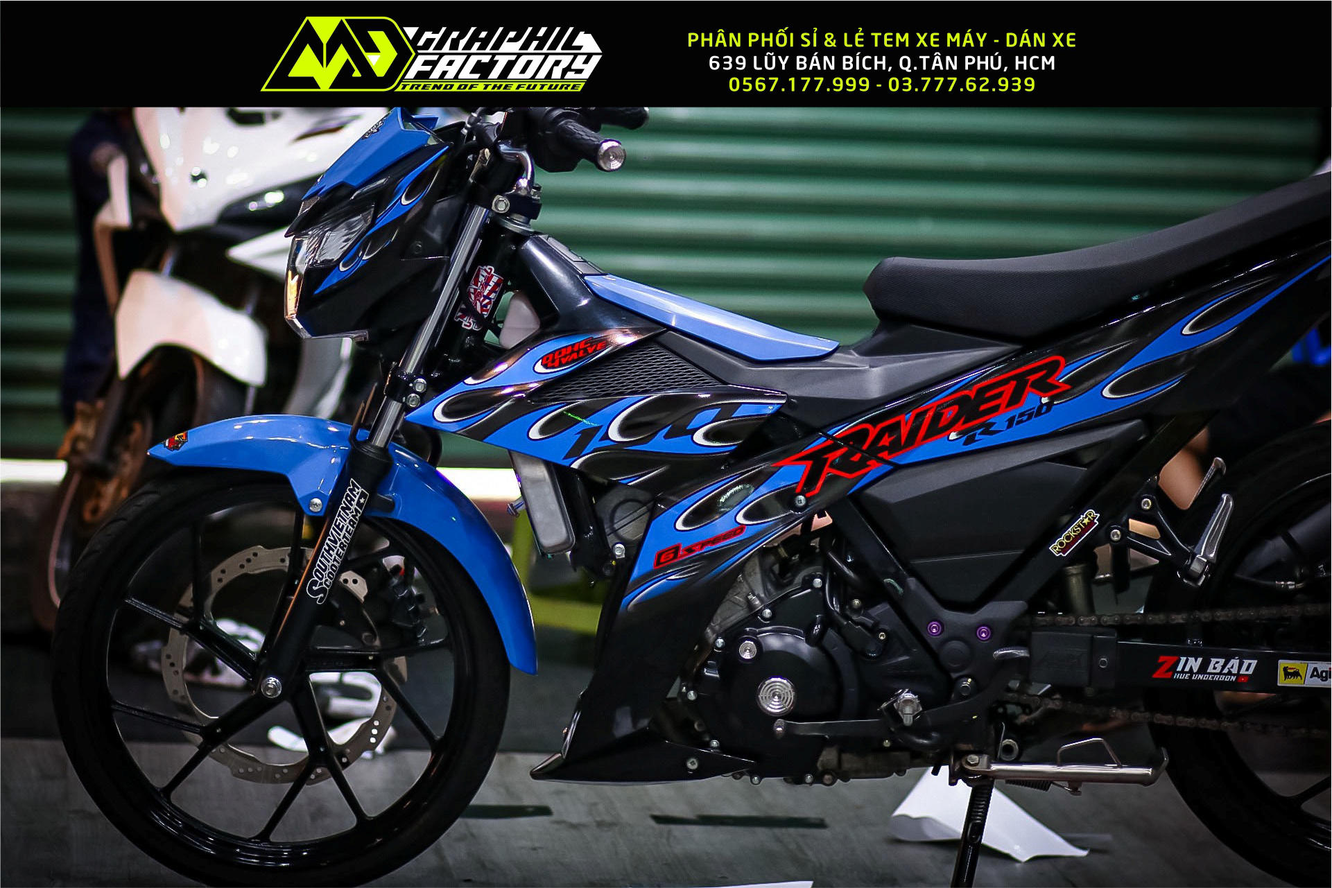 Tem rời lửa xanh trắng cho Raider 150 xe đen - mẫu mới 2023 siêu ngầu