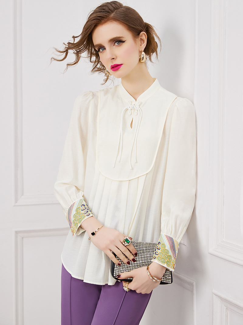 2023 Spring and Autumn New New Chinese Embroidery Cuff Pullover Long Sleeve Top Women's Chinese Style Versatile Off White Shirt