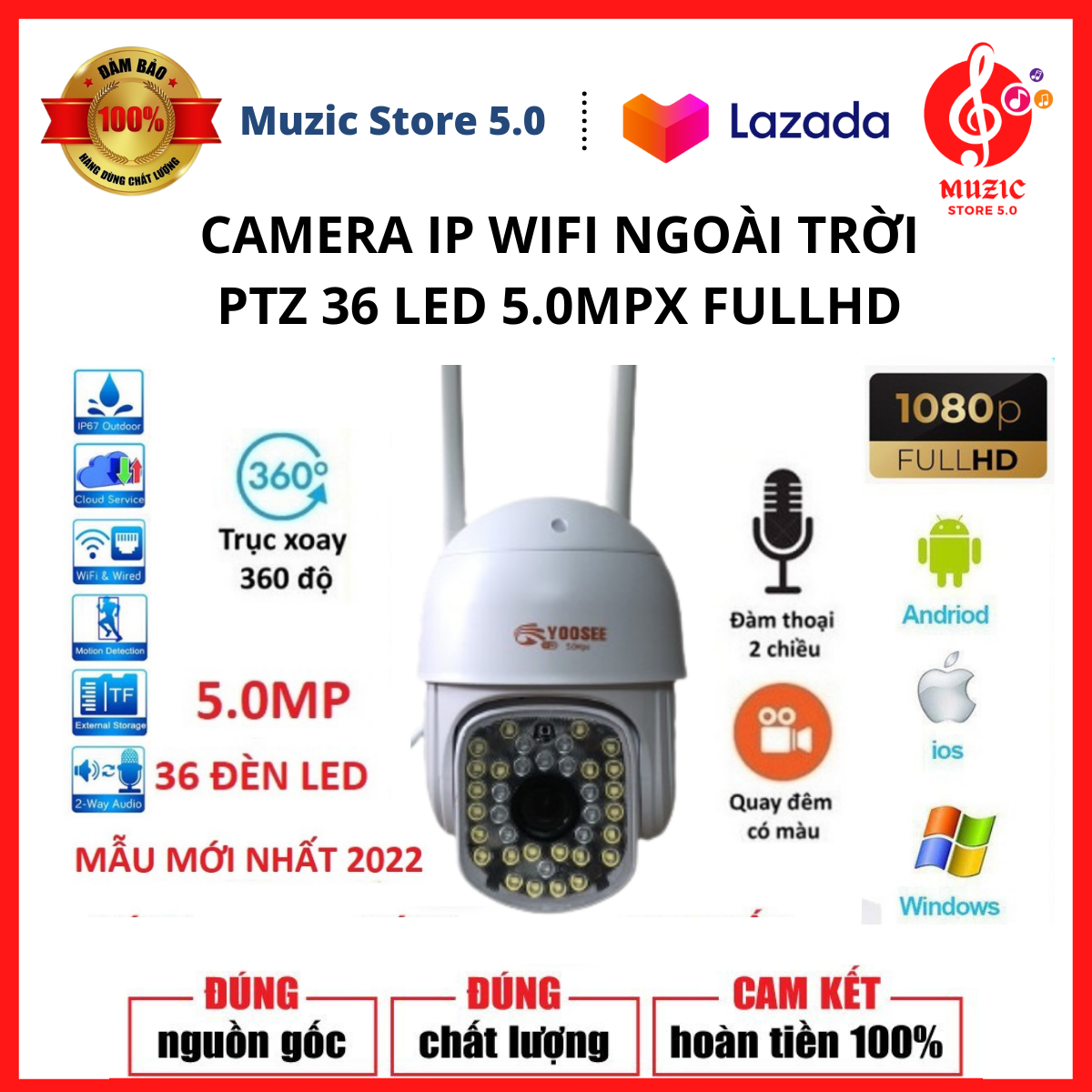 CAMERA YOOSEE PTZ 36 LED 5.0Mpx FULL HD 1080 _ CAMERA NGOÀI TRỜI YOOSEE PTZ CHỐNG NƯỚC, XOAY 360 ĐỘ, DÒ THEO CHUYỂN ĐỘNG, QUAY ĐÊM CÓ MÀU, HÌNH ẢNH SẮC NÉT GÓC QUAY RỘNG, ĐÀM THOẠI 2 CHIỀU _ BÁO ĐỘNG ÂM THANH VÀ ĐÈN TRỰC TIẾP