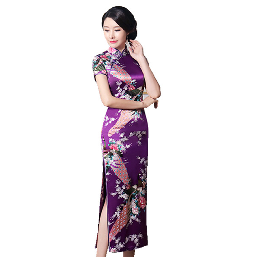 Bullker Peacock Print Women Chinese Long Cheongsam Bridesmaid Short Sleeve Evening Dress
