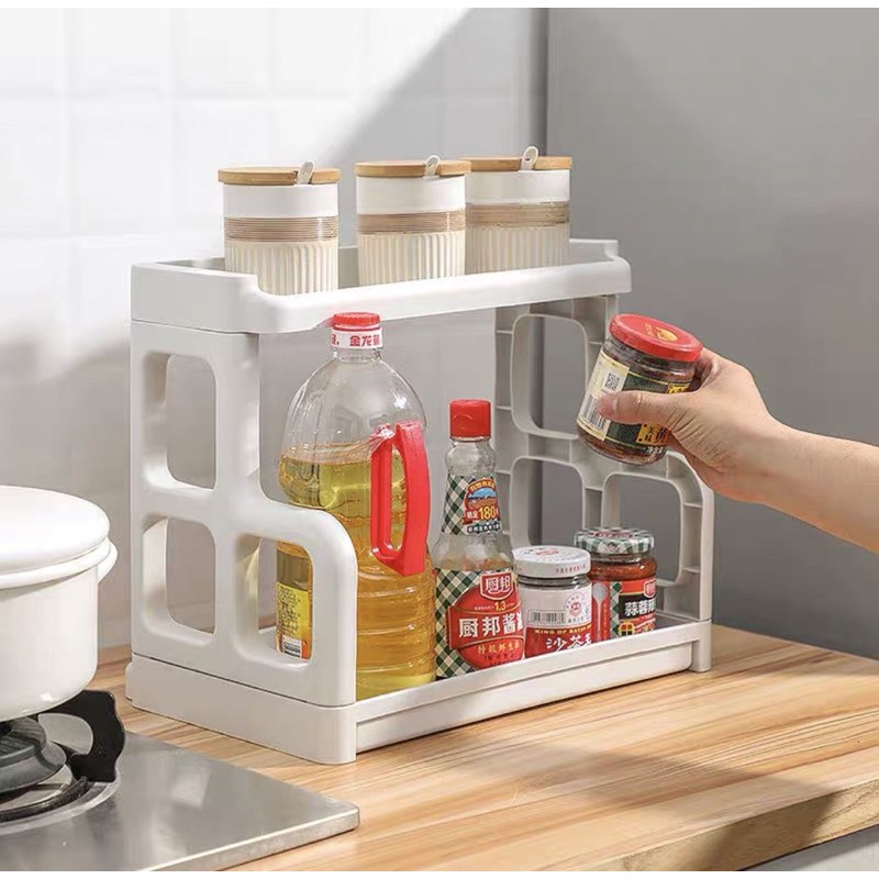 Kệ gia vị nhựa 2 tầng đa năng, khay đựng gia vị hai tầng 4 lỗ tròn – Hồng Kỳ