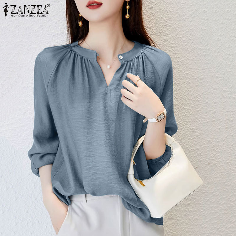 ZANZEA Korean Style Womens Office Ladies Pleated Top Shirt Elegant Lantern