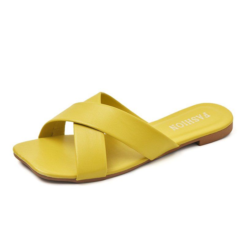 Vshoes dép đi trong nhà chéo nữ phong cách hàn quốc màu kẹo mũi vuông dép đi ngoài đế bằng giày nữ
