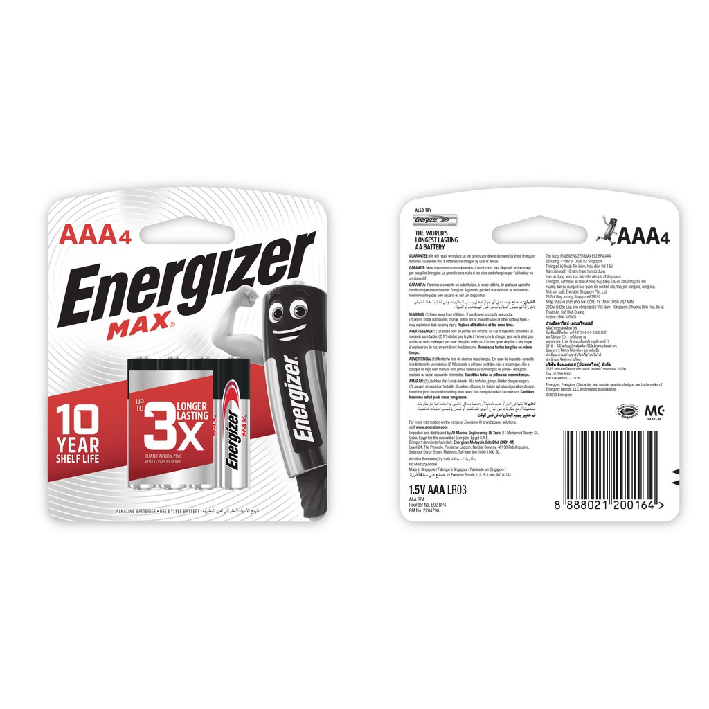 Pin AAA Energizer Max E92 BP4 - Vỉ 4 Viên
