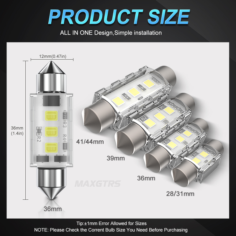 MAXGTRS 2x Auto Festoon LED Lights 31 36 39 41mm C5W Bulb 3 SMD