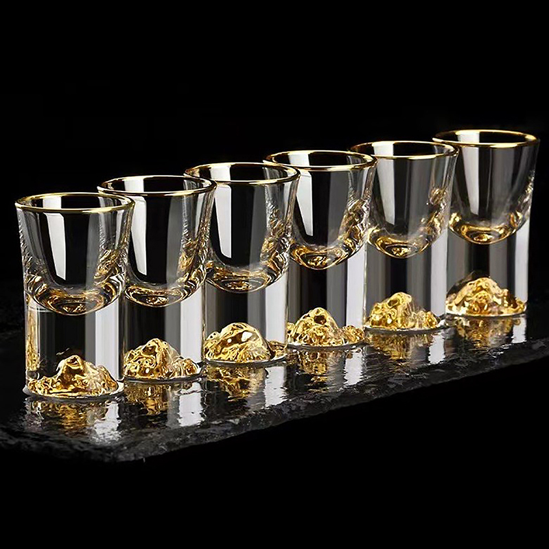 Popxstar  6pcs 15ml Luxury Crystal Glass Whisky Sake Shochu Bar Liqueur Gold Foil Glass Drinkware Set Hard Liquor Wine Glass Tea Cup Gifts