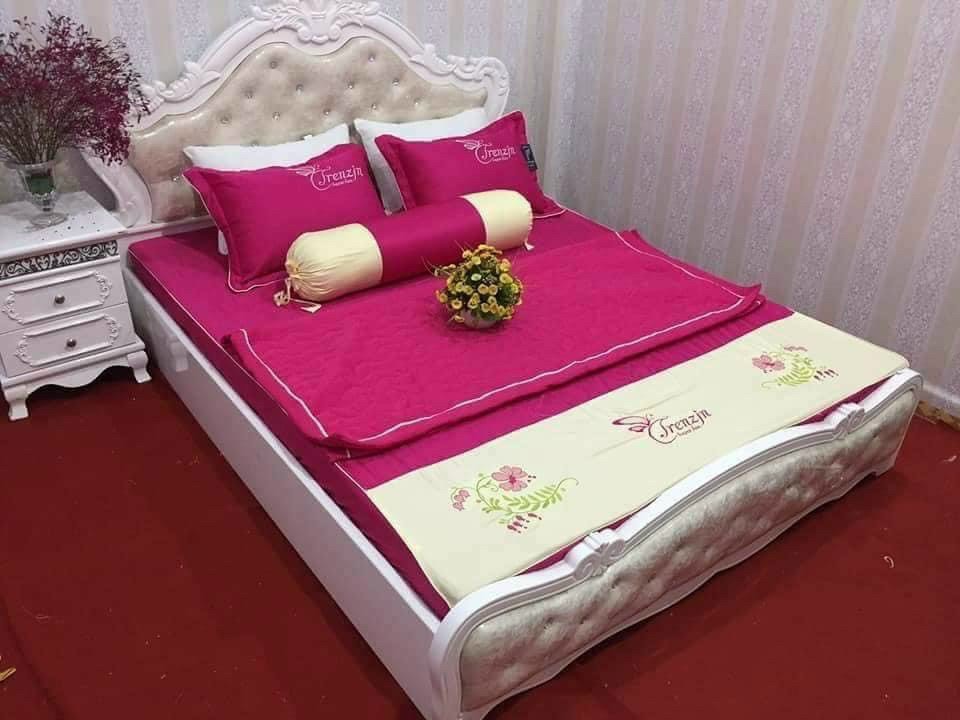 Bộ Chăn Ga Gối Cotton Satin Chần Bông CA Bedding Decor (1 Ga Chun, 2 Vỏ Gối, 1 Chăn Chần Bông, 1 Vỏ Ôm)