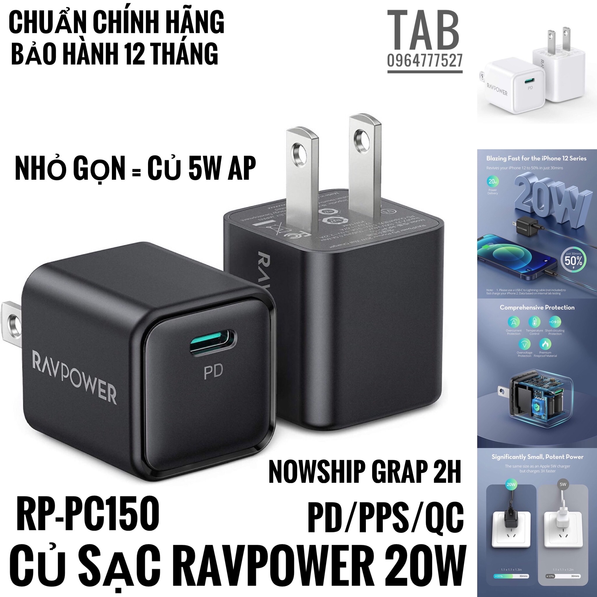 Củ Sạc RavPower 20w PD/QC/PPS - RP-PC150 (Bảo Hành 12T)